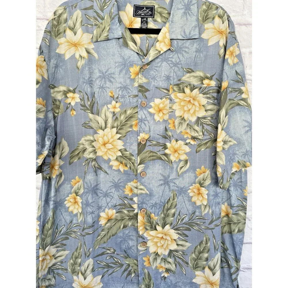 Bermuda Bay Men's Hawaiian Shirt Short sleeves 100% Silk Size Large Blue Floral